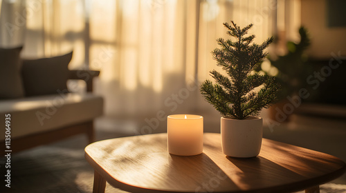 Warm and inviting scene featuring a candle and a small tree on a wooden table.