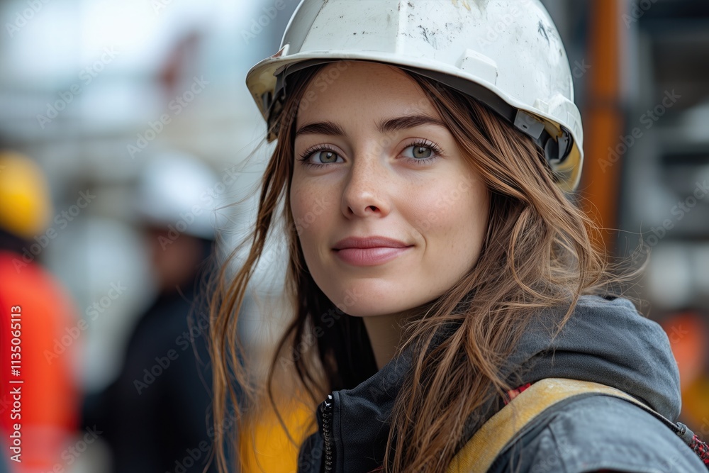 A female constructor in a hard hat giving instructions to her team on a building site A female constructor in a hard hat giving instructions to her team on a building site