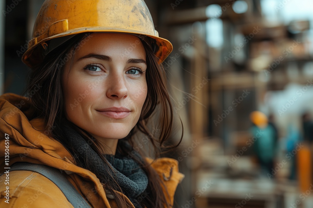 A female constructor in a hard hat giving instructions to her team on a building site A female constructor in a hard hat giving instructions to her team on a building site