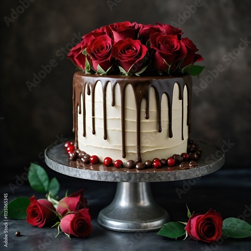 three tier chocolate and vannila cake decorated with red roses photo