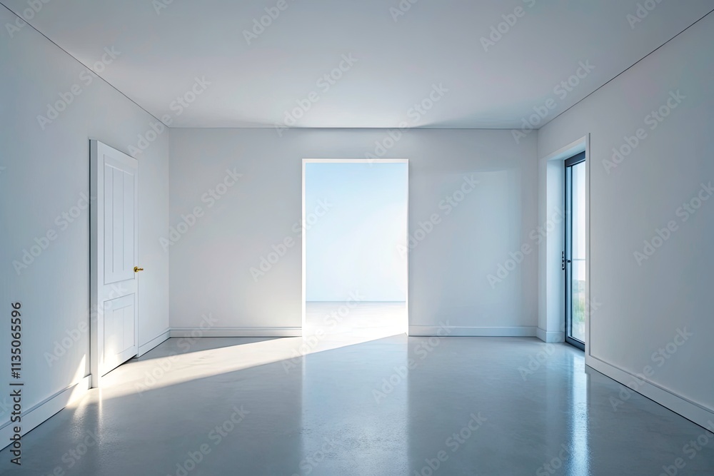 Empty Room 3D Render, White Wall, Open Door, Minimalist Interior Design, Blank Space, Copy Space, Architectural Visualization Empty Room 3D Render, White Wall, Open Door, Minimalist Interior Design, Blank Space, Copy Space, Architectural Visualization