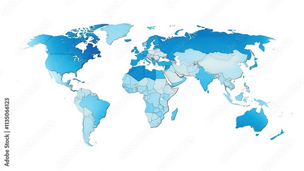 Fototapeta premium World political map in blue and white colors, isolated on white background, ocean, global, international
