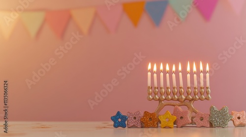 A cultural and festive scene for Hanukkah with menorah candles, dreidels, and festive decorations against a warm and celebratory background photo