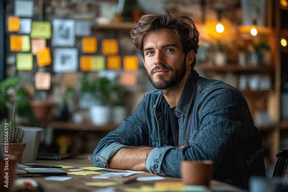 A graphic designer brainstorming ideas on sticky notes in a creative office space A graphic designer brainstorming ideas on sticky notes in a creative office space