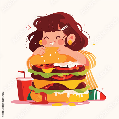 Illustration of a girl eating a hamburger for motion graphic design