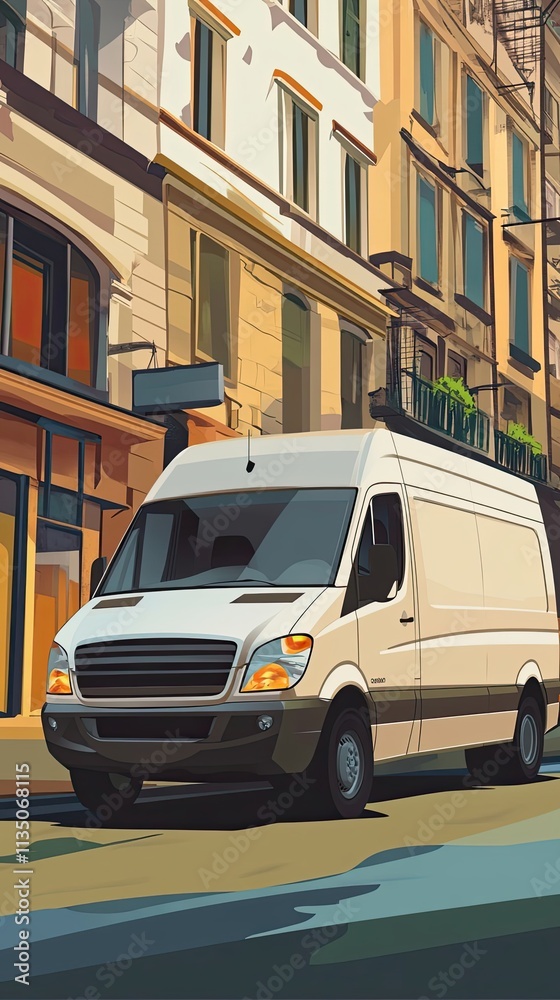 White Delivery Van Parked On City Street Beside Buildings White Delivery Van Parked On City Street Beside Buildings