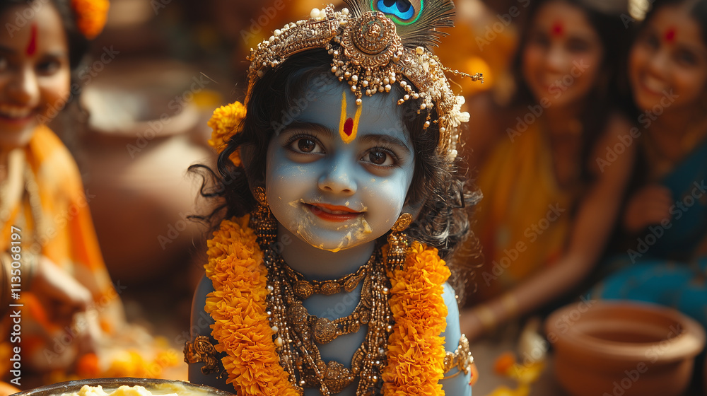 Young Lord Krishna Steals Butter Amid Joyful Gopis in an Indian Village Celebration Young Lord Krishna Steals Butter Amid Joyful Gopis in an Indian Village Celebration