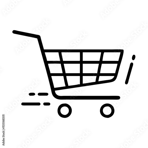 Outlined shopping cart icon with motion lines on a white background