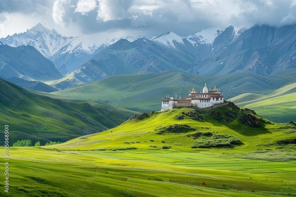 Fototapeta premium A secluded monastery is situated on a hillside, surrounded by vibrant green fields and towering mountains, creating a peaceful and picturesque landscape.