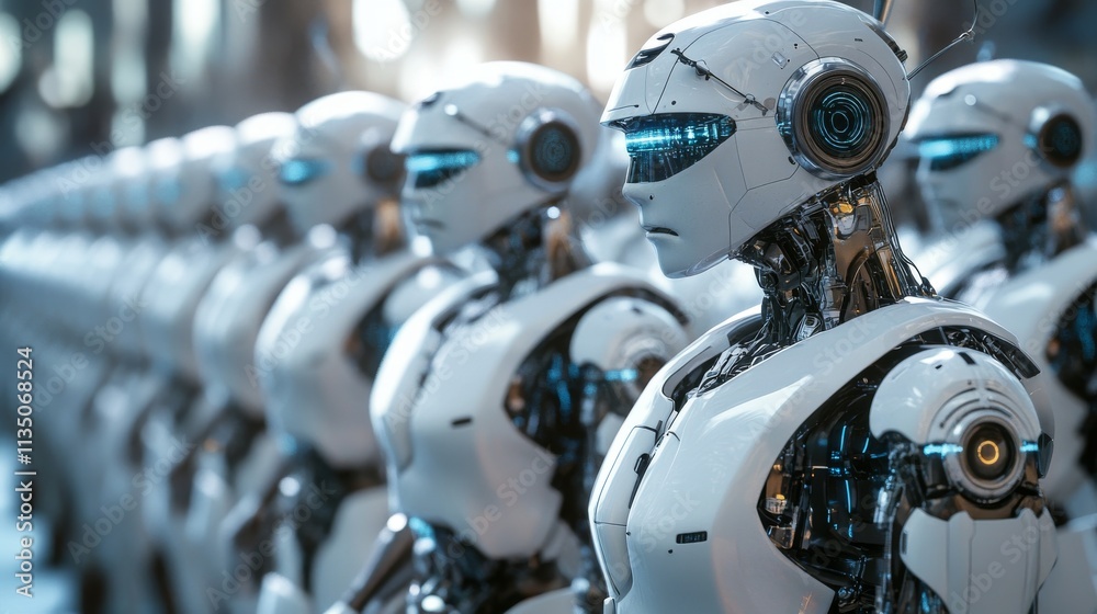 A uniform line of humanoid robots stands in a futuristic environment. The detailed design and robotic precision convey the power of artificial intelligence and automated technology.. AI Generation A uniform line of humanoid robots stands in a futuristic environment. The detailed design and robotic precision convey the power of artificial intelligence and automated technology.. AI Generation