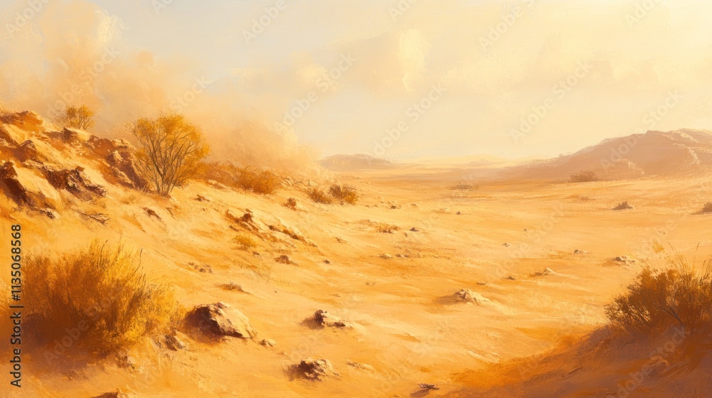 Golden Desert Landscape Under a Hazy Sky Golden Desert Landscape Under a Hazy Sky