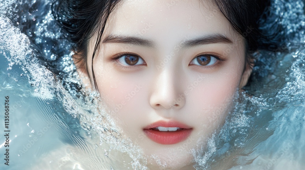 Womans face emerges from water bubbles softly Womans face emerges from water bubbles softly