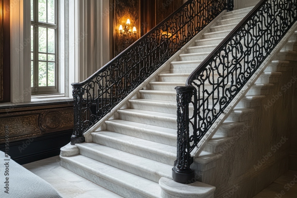 Obraz premium A grand staircase featuring a wrought-iron railing with beautiful geometric designs in a well-lit interior setting