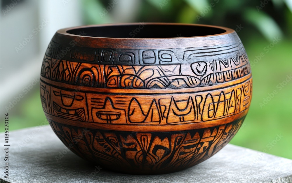 Detailed tribal artwork adorns these ritual bowls, showcasing cultural significance and craftsmanship Detailed tribal artwork adorns these ritual bowls, showcasing cultural significance and craftsmanship