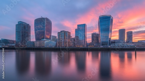 London Skyline Reflecting in Pink Sunset Water