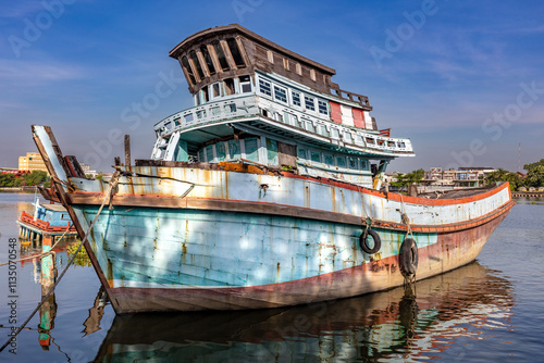 Derelict wooden fishing boat moored on the bank of the Tha Chin river in Bangkok, Thailand. Holes in the hole, broken, worn wood. Blue sky and clouds in the background.
