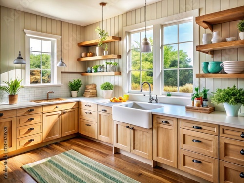 Light Wood Kitchen Design: Cabinetry, Sink, Stove - Modern Farmhouse Style Interior