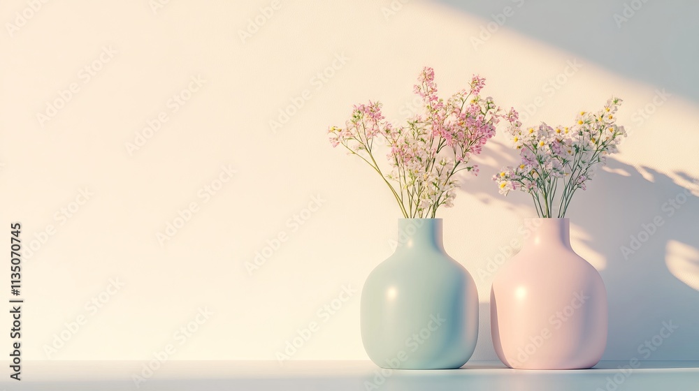 Two pastel vases with flowers on a minimalist table, casting soft shadows, set against a pastel background. AI generated illustration Two pastel vases with flowers on a minimalist table, casting soft shadows, set against a pastel background. AI generated illustration