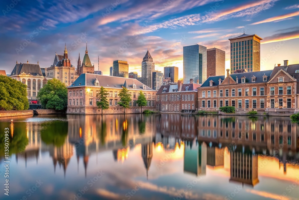Naklejka premium Minimalist Photography of The Hague City Centre Skyline with Clean Lines and Soft Colors Capturing the Essence of Urban Architecture and Modern Living in the Netherlands