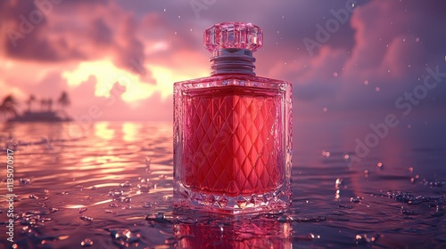 Elegant Perfume Bottle Surrounded by Water with a Sunset Background, Highlighting Beauty and Luxury in a Serene Tropical Setting