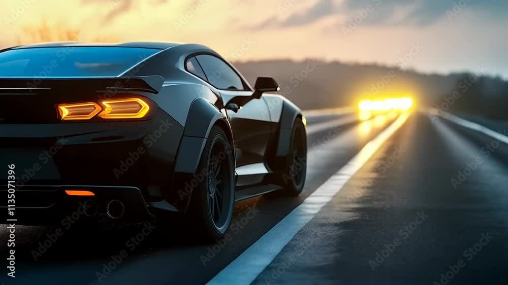 Black sports car driving on an empty highway at sunset, showcasing speed, luxury, performance, and modern automotive design Black sports car driving on an empty highway at sunset, showcasing speed, luxury, performance, and modern automotive design