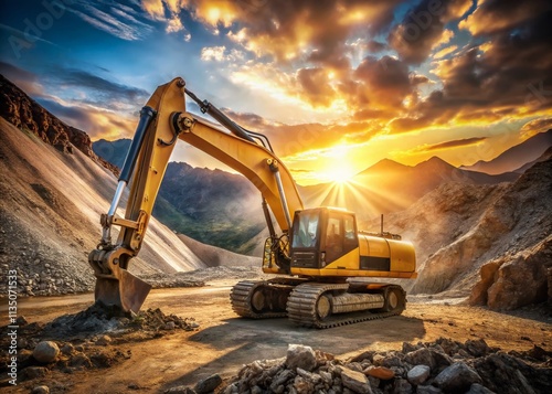 Wallpaper Mural Minimalist Portrait of a Yellow Excavator Bathed in Sunlight Within a Mine, Highlighting Industrial Beauty and Natural Light in a Striking Composition Torontodigital.ca