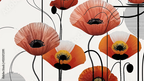 beautiful pattern with poppy flowers, flat design illustration