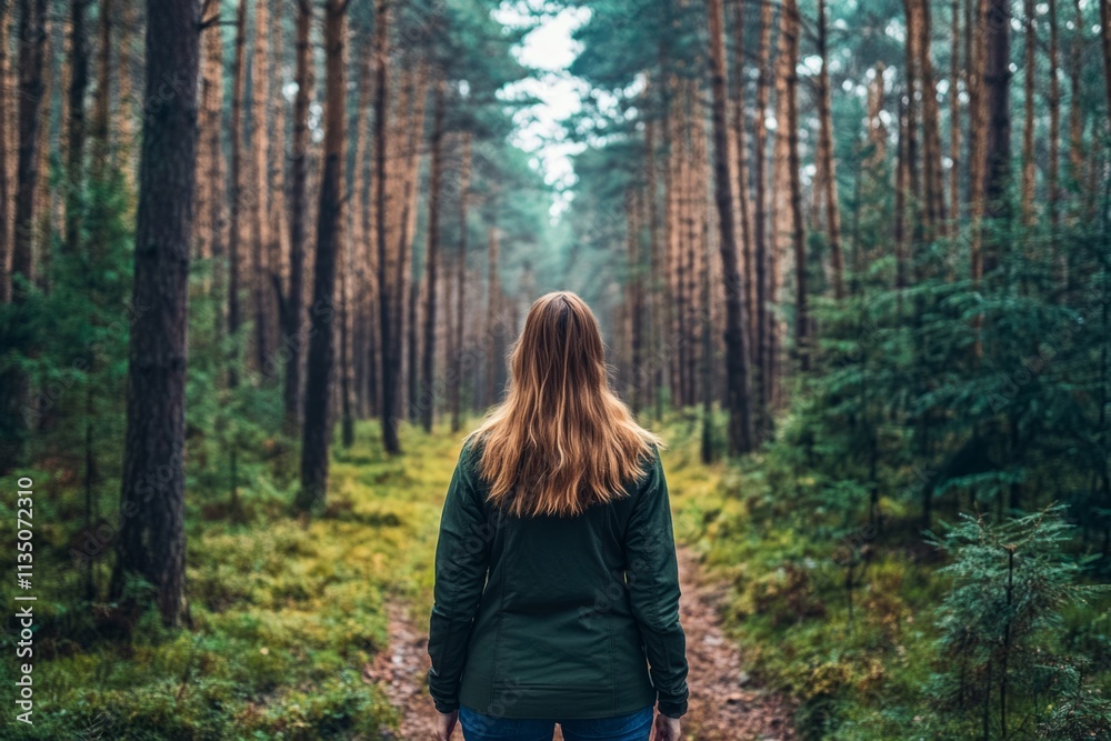 A woman stands still in a serene forest. Tall trees create a peaceful atmosphere. Nature invites reflection and exploration. Discover the beauty of the wilderness. Generative AI A woman stands still in a serene forest. Tall trees create a peaceful atmosphere. Nature invites reflection and exploration. Discover the beauty of the wilderness. Generative AI