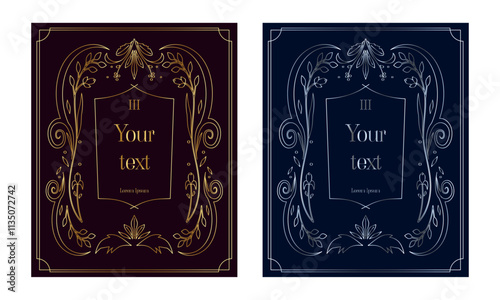 Elegant Antique Frame with Gold and Silver Floral Motifs on Dark Background. Ideal for Luxury Invitations, Cards, Premium Book Covers, or Art Deco Designs. Vector Flat Illustration.