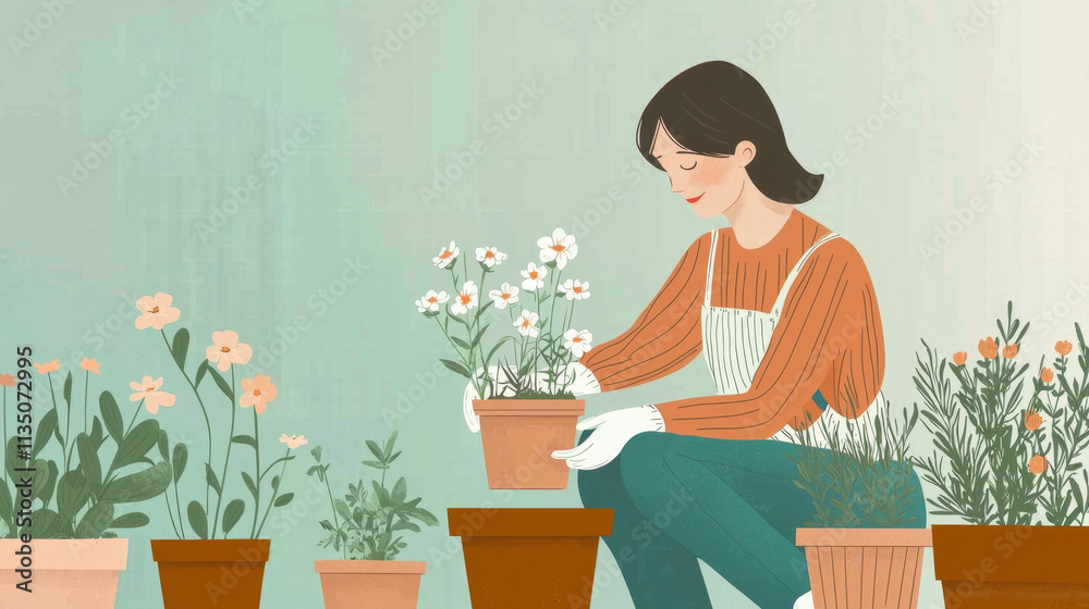 Positive Thinking, A woman is potting flowers among various plants, showcasing a peaceful gardening scene with a pastel background. Positive Thinking, A woman is potting flowers among various plants, showcasing a peaceful gardening scene with a pastel background.