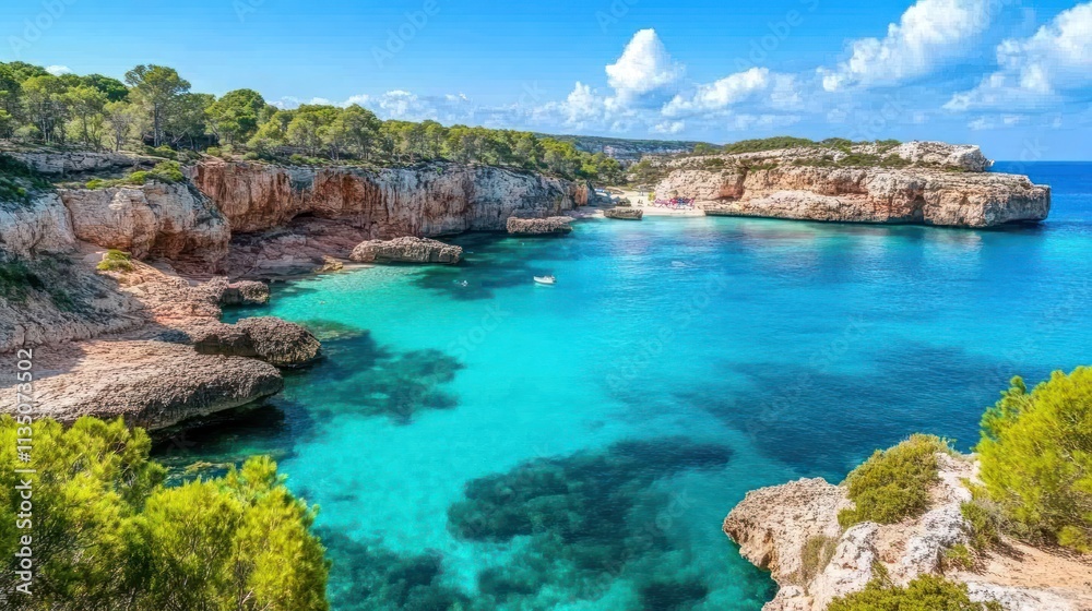 Secluded Cove Turquoise Waters Coastal Cliffs Sunny Day Secluded Cove Turquoise Waters Coastal Cliffs Sunny Day