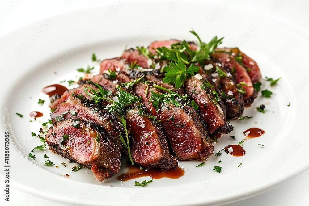 Slices of South African biltong beef jerky arranged on a white plate, garnished with fresh herbs. Slices of South African biltong beef jerky arranged on a white plate, garnished with fresh herbs.