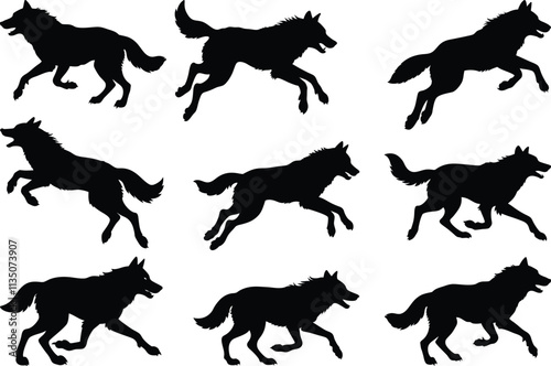 Set of Wolf Silhouette Vector, Hand drawing illustration 