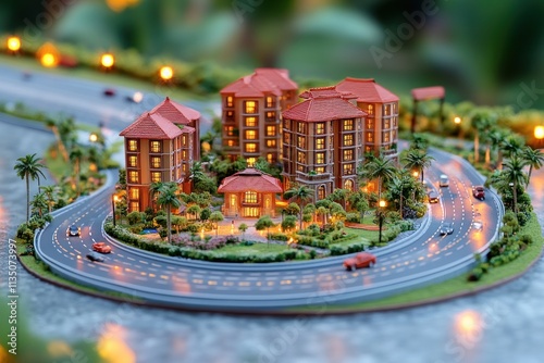 Model of edge cities showcasing illuminated buildings along a winding highway during twilight #1135073997