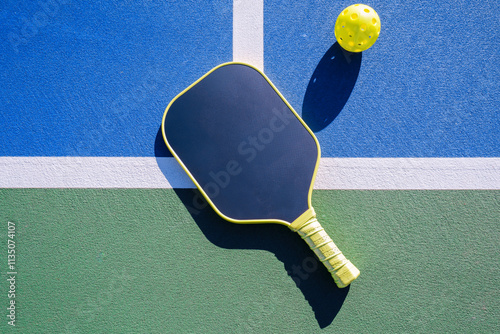 Valokuva High-angle view of pickleball paddle and ball on court surface