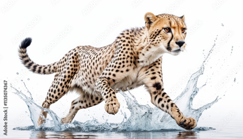 Fototapeta premium Cheetah Animal Fun Splash Water White Background Backdrop