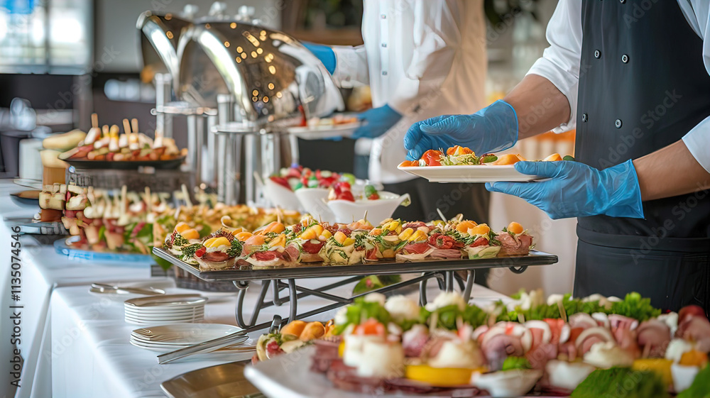 Obraz premium Waiter's hands in rubber gloves preparing food for buffet in restaurant. Catering company arranges various snacks on serving table. professional catering event