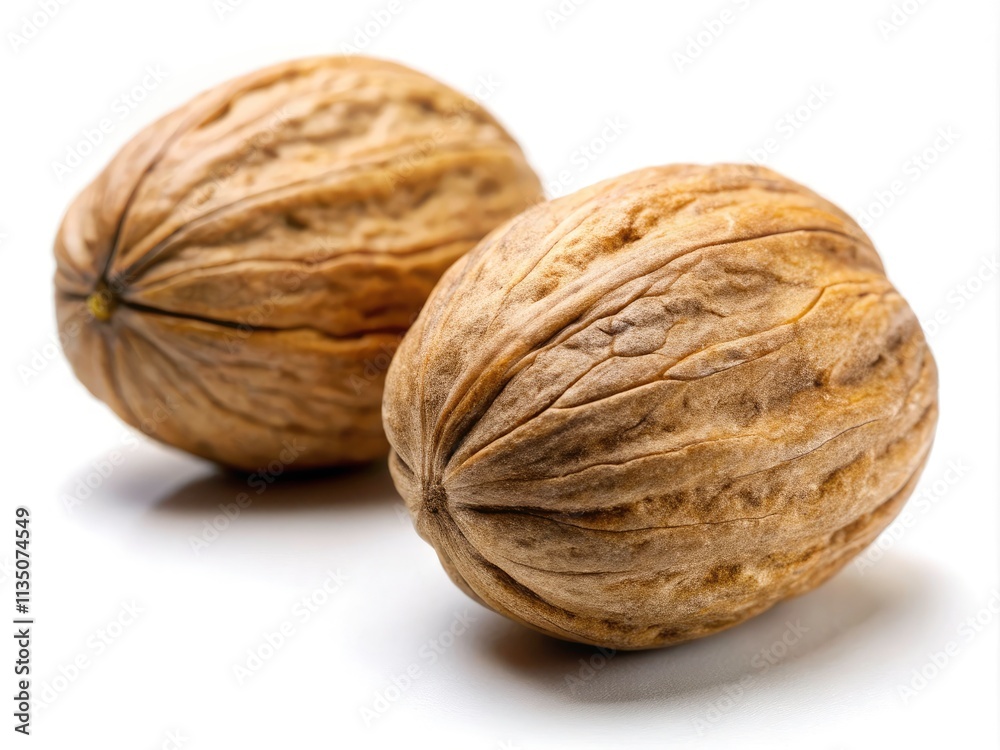Minimalist Nutmeg Photography: Two Whole Nutmegs Isolated on White Minimalist Nutmeg Photography: Two Whole Nutmegs Isolated on White