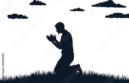Silhouette of a person praying.
A man praying at the altar.
Catholic prayer, priest praying.  