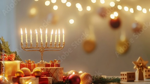 A cultural and festive scene for Hanukkah with menorahs, dreidels, and traditional Jewish decorations against a warm and celebratory background photo