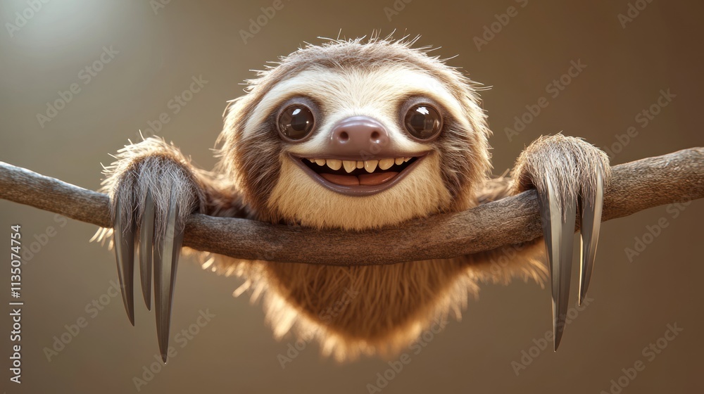 Happy Sloth Hanging On Branch Smiling Widely Happy Sloth Hanging On Branch Smiling Widely