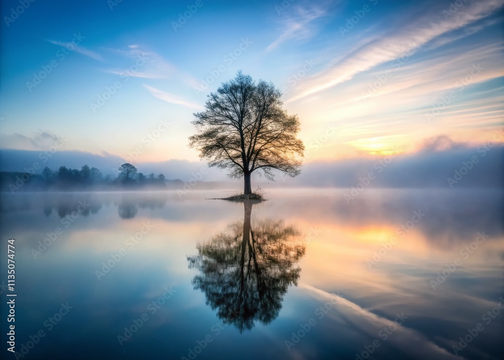 Misty Tree Silhouette Over Serene Lake at Dusk, Capturing the Enchantment of Nature's Tranquil Beauty with Ethereal Fog and Reflections in the Water Misty Tree Silhouette Over Serene Lake at Dusk, Capturing the Enchantment of Nature's Tranquil Beauty with Ethereal Fog and Reflections in the Water