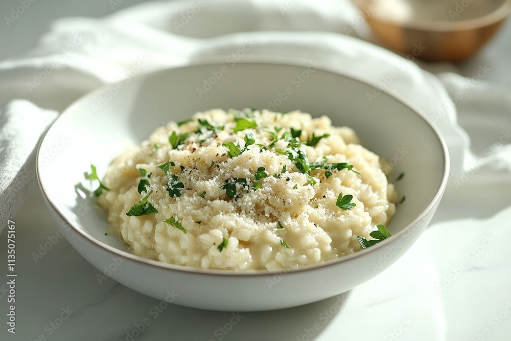 A bowl of creamy butternut squash risotto garnished with Parmesan and fresh herbs. A bowl of creamy butternut squash risotto garnished with Parmesan and fresh herbs.
