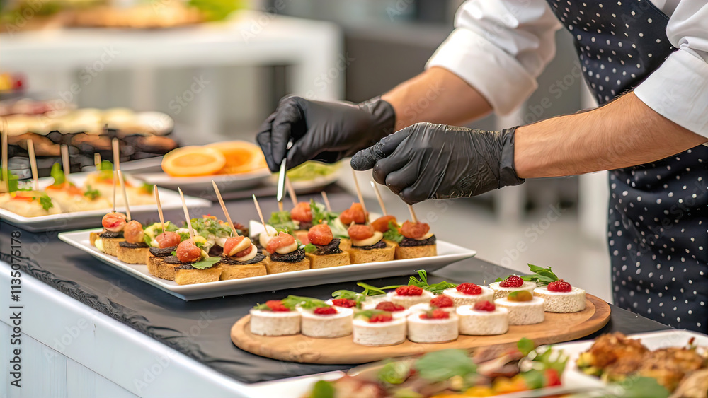 Waiter's hands in rubber gloves preparing food for buffet in restaurant. Catering company arranges various snacks on serving table. professional catering event Waiter's hands in rubber gloves preparing food for buffet in restaurant. Catering company arranges various snacks on serving table. professional catering event