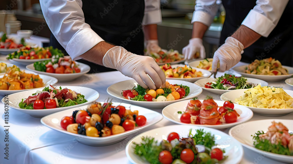 Waiter's hands in rubber gloves preparing food for buffet in restaurant. Catering company arranges various snacks on serving table. professional catering event Waiter's hands in rubber gloves preparing food for buffet in restaurant. Catering company arranges various snacks on serving table. professional catering event