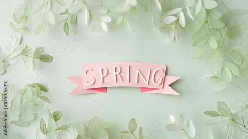 Pastel green background with the word 'Spring' in pink cursive surrounded by delicate green leaves.