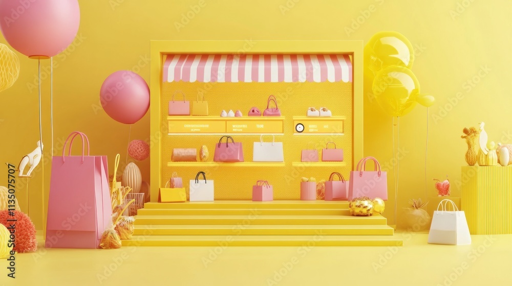 Yellow Store Display With Pink And Yellow Bags Balloons