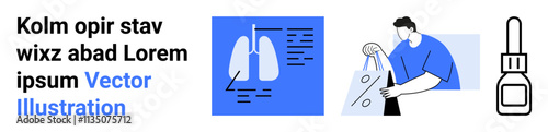 Man carrying grocery bags, respiratory system diagram with annotations, small bottle outline. Ideal for shopping, health education, medical, anatomy, e-commerce instruction typesetting. Landing