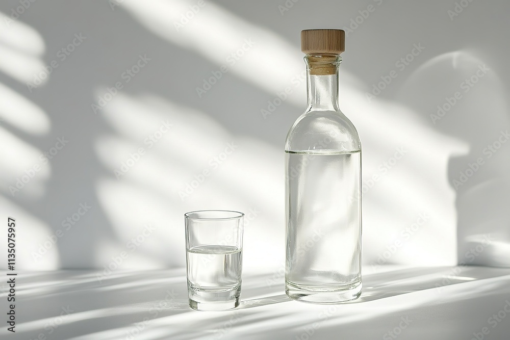 A bottle of cachaÃsa with a shot glass, placed on a clean white surface. A bottle of cachaÃsa with a shot glass, placed on a clean white surface.