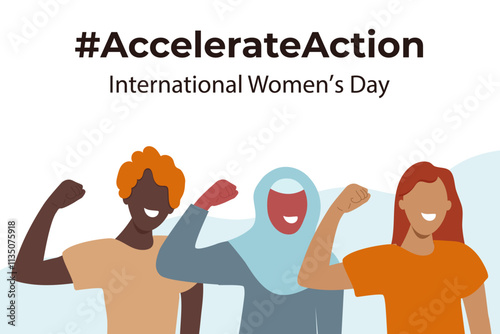 Banner Accelerateaction. International Women's Day 2025. Women in  pose of accelerate action. Vector illustration in flat style